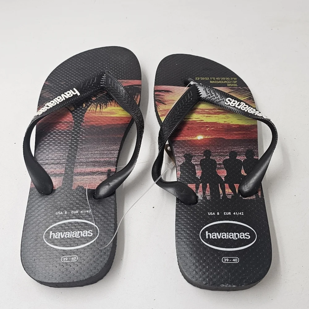 Havaianas Hype Sunset Graphic Flip Flops Black Rubber Sandals Sz 8